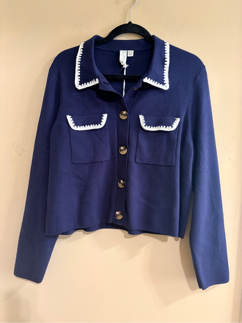 Joie Cardigan Sweater Button Front Navy Blue with White Crochet Trim XL
